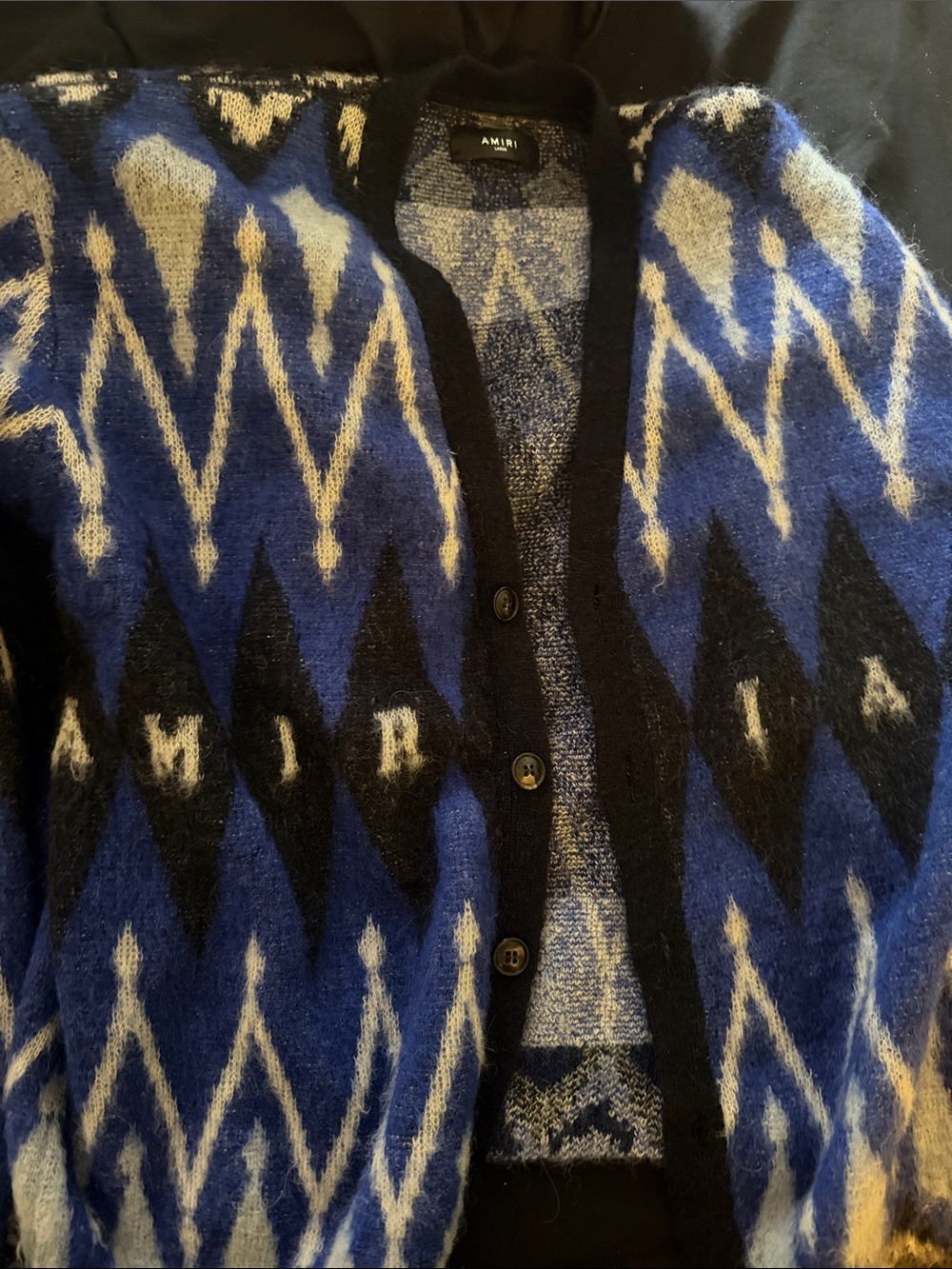 AMIRI Blue Black Cream Patterned Mohair Cardigan